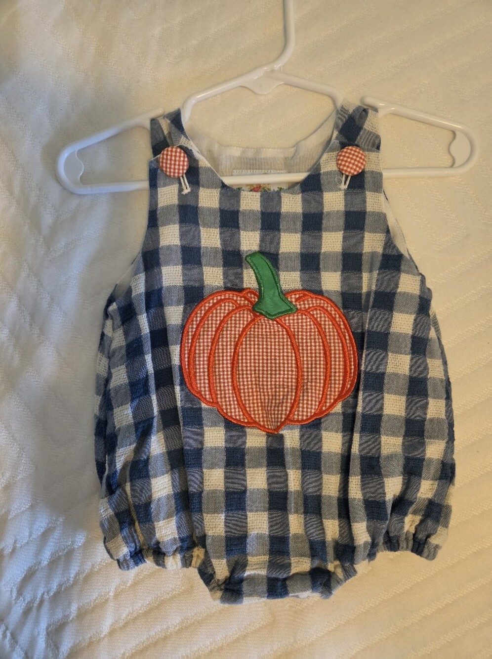 Blue Gingham Pumpkin Appliqué One-Piece Bodysuit for Kids